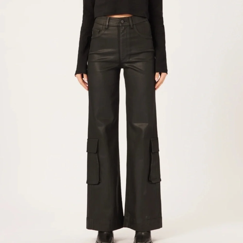 DL1961 Hepburn Wide Leg High Rise Vintage Black Coated Cargo Jeans Pants Sz 33
